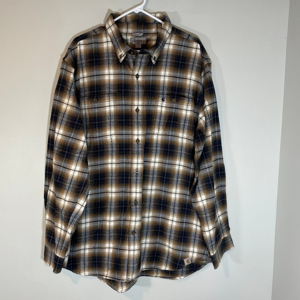 Carhartt Mens XL Relaxed Fit Plaid Flannel Shirt Brown Black NWT Brown Navy